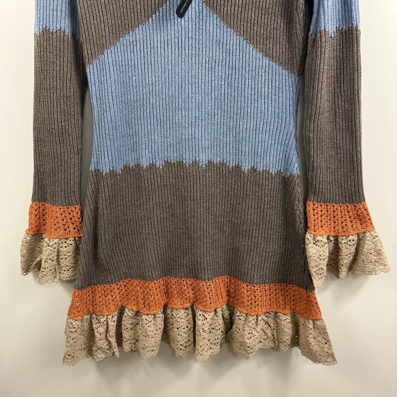 Bohemian Yohers New Colorblock Knit Crochet Ruffle Lace Trim Mini Dress Large - Picture 5 of 15